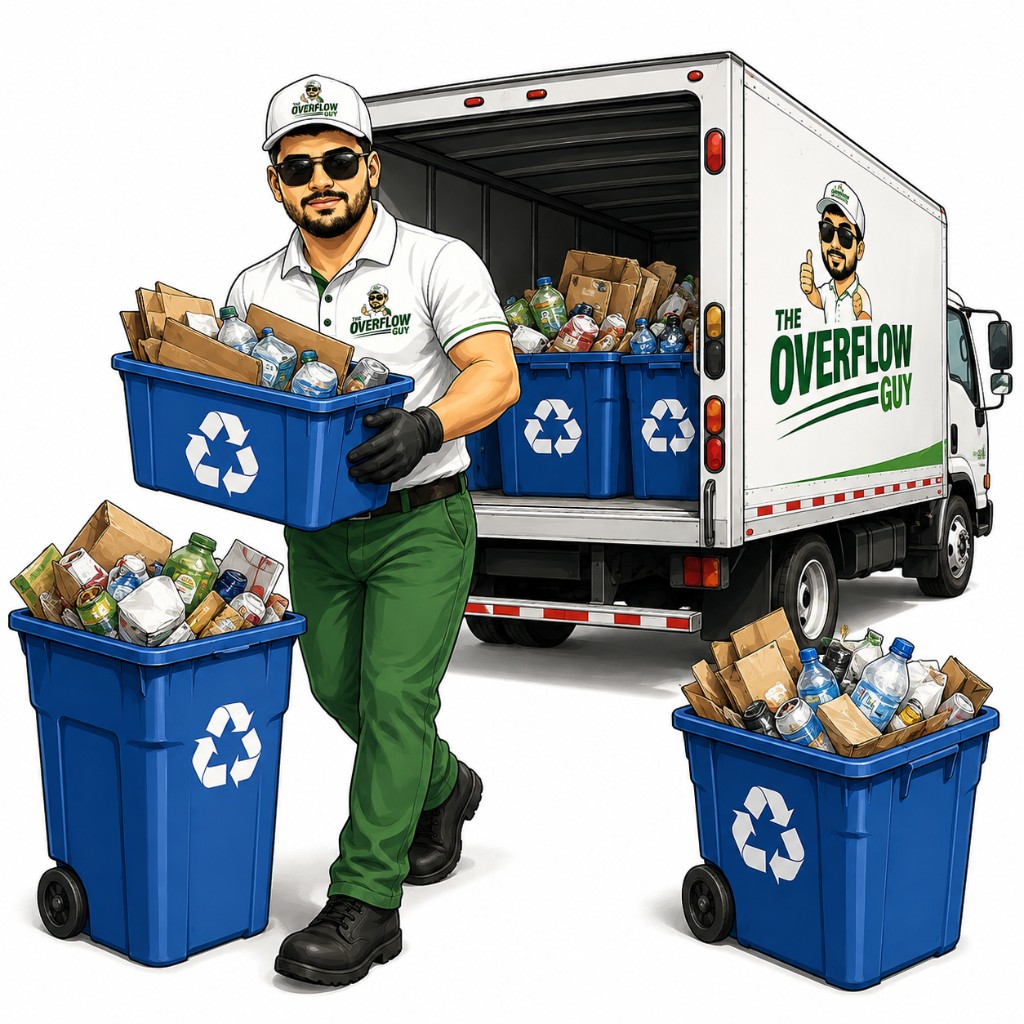 The Overflow Guy loading recycling bins into the service truck
