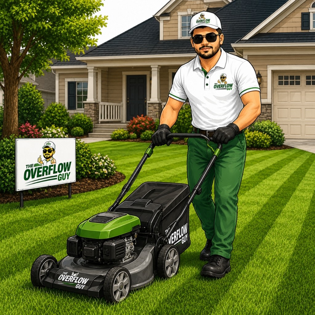 The Overflow Guy mowing a manicured suburban lawn