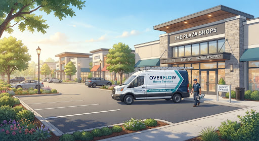 Overflow truck at a clean commercial retail plaza