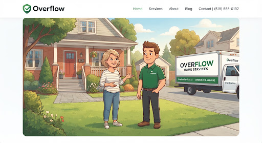 The Overflow Guy chatting with a homeowner on a sunny suburban lawn